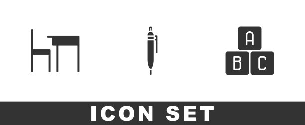 设置学校桌子和椅子，钢笔和ABC块图标。向量图片下载