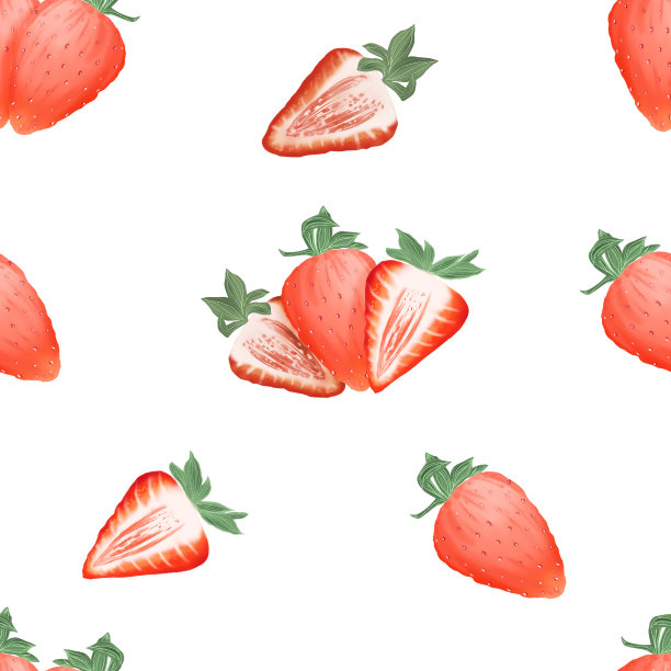 全草莓和半草莓的无缝图案。浆果是红色的，成熟的，切成白色的纹理。绿色的树叶。孤立在白色背景上。股票插图。图片下载