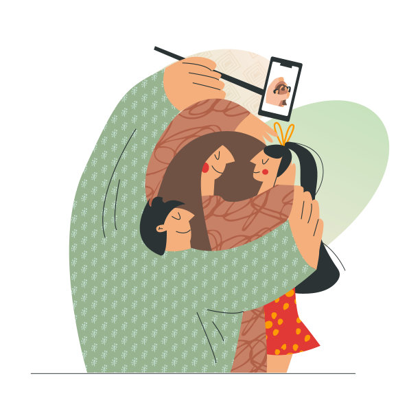 生态博主用智能手机拍摄可爱有趣的一家人拥抱自拍。自然绿色博客和视频的概念。拥抱,友谊日。平面矢量卡通插图孤立在白色图片下载