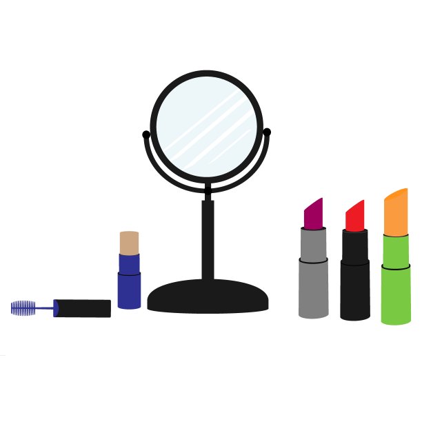矢量插图与一套不同颜色的口红。化妆镜和装饰化妆品在白色的背景。图片下载