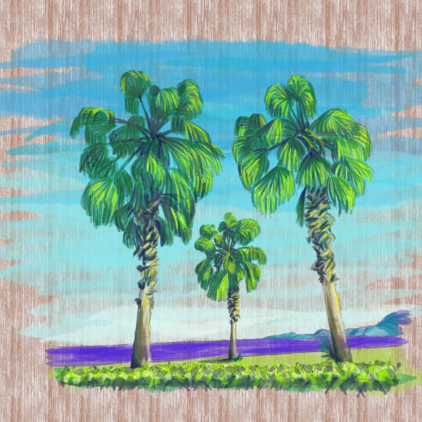 水彩矢量热带绘画棕榈树手绘在木头上图片下载