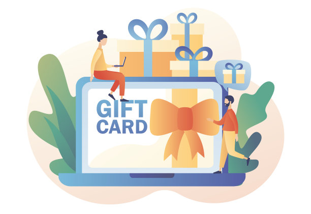 网上礼品卡、证书、代金券或笔记本电脑屏幕上的优惠券。促销策略的概念。小人物和销售，忠诚计划，奖金，营销。现代平面卡通风格。矢量图图片下载
