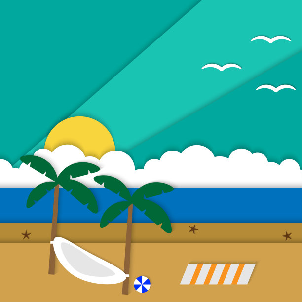 海滩天堂夏季剪纸背景矢量，夏季纸工艺设计插画图片下载