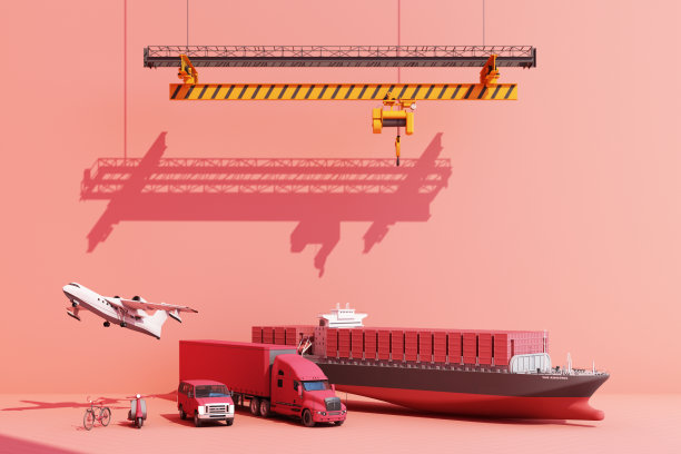 集装箱悬挂在起重机与拖车，摩托车和货车。3d全球商业商业概念。三维渲染图片下载