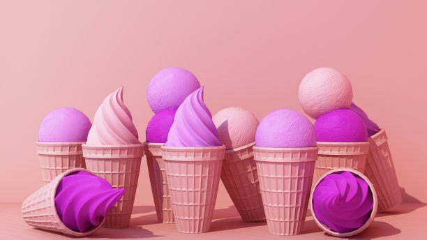 紫色牛奶冰淇淋与甜威化蛋筒在粉红色的背景最小的概念3d渲染图片下载