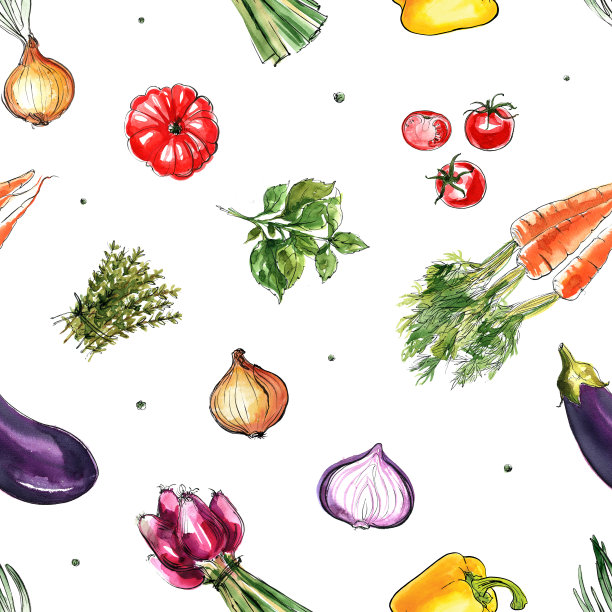 水彩蔬菜在白色的背景上绘制的模式。西红柿，洋葱，萝卜，辣椒，香料和香草。有颜色的蔬菜和香草。素食主义，农业，食物素描。图片下载