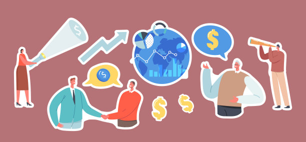 全球投资机会主题贴纸。商人握手，在地球上的望远镜里看图片下载