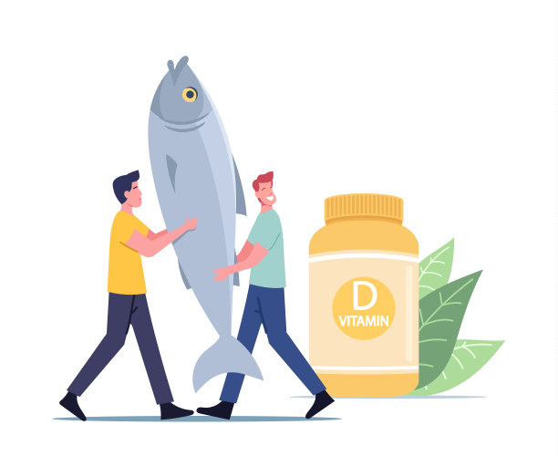 健康产品或食物含有维生素D，微小的男性角色携带着巨大的鱼在瓶子附近与维生素图片下载