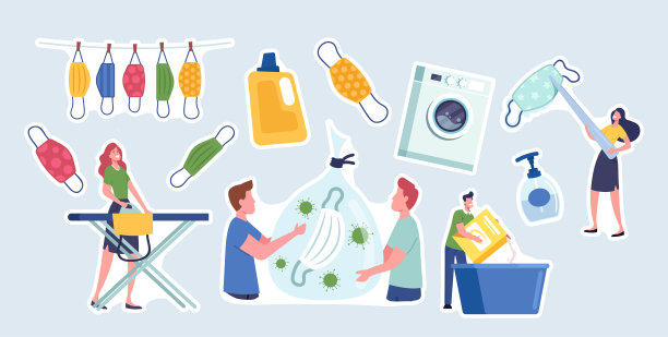 一套贴纸可重复使用的口罩护理及回收。字符洗涤，熨烫和干燥口罩再利用，扔垃圾图片下载