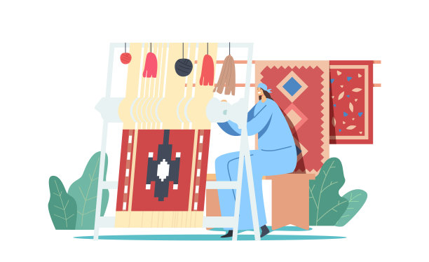 传统服饰中的亚洲妇女织布人物手工织造带有民族装饰的地毯图片下载