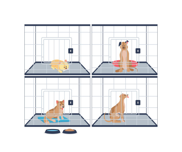 流浪狗在收容笼中平色矢量详细字符图片下载