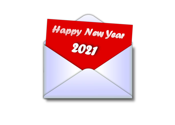 白色背景的白色灰色信封上写着“2021年新年快乐”的红色贺年卡。图片下载