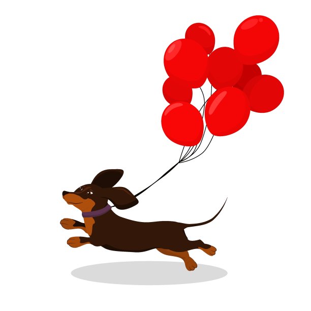 矢量插图的一个快乐有趣的奔跑的达克斯狗与红色气球绑在它，孤立在一个白色的背景图片下载