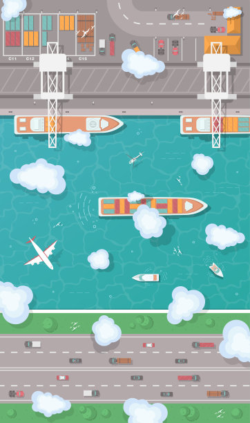 平坦式货港图解。海港的顶视图。图片下载
