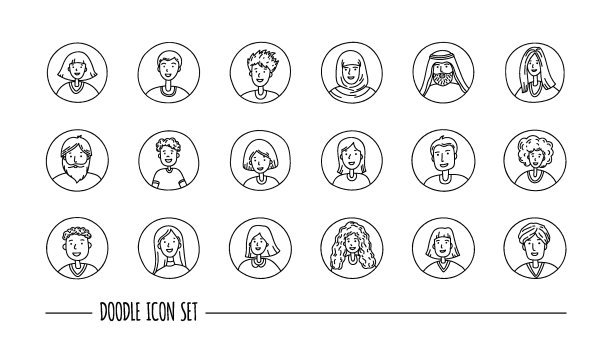 不同国家的人图标设置。手绘人类头像插图涂鸦素描风格。矢量图像。图片下载
