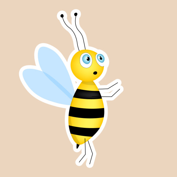 卡通可爱的蜜蜂吉祥物，贴纸。蜜蜂飞。小黄蜂。媒介昆虫图标。邀请函、卡片、墙纸、幼儿园模板设计。涂鸦风格图片下载