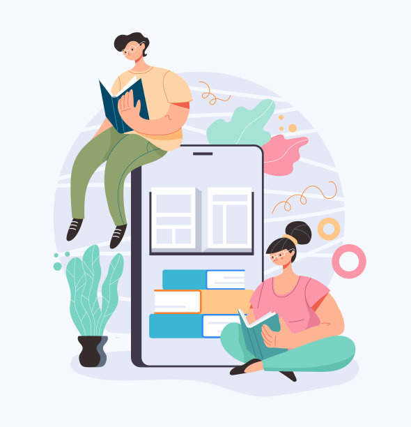 人们用智能手机阅读书籍的学生。互联网在线教育理念。矢量卡通平面设计插图图片下载