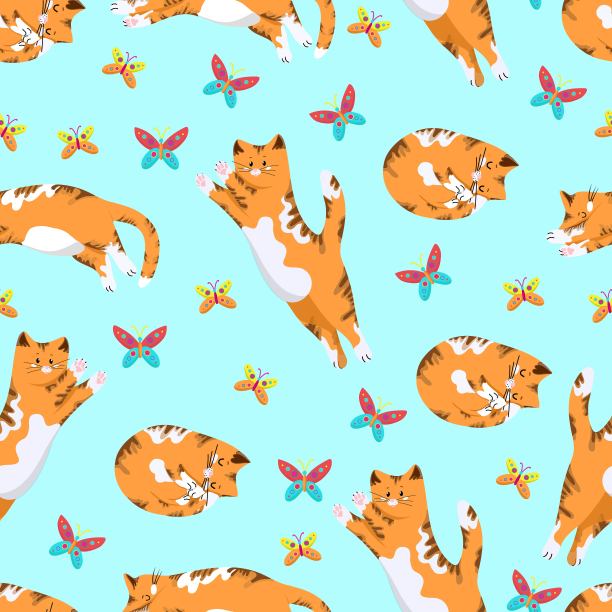 红猫跳彩色蝴蝶无缝图案，可爱的卡通人物，宠物，一组矢量对象孤立在一个白色的背景，手绘。图片下载