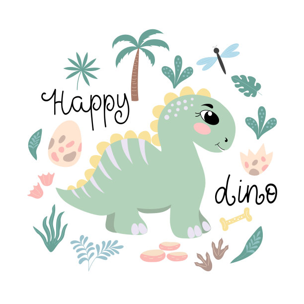 一个可爱的卡通恐龙的形象，与铭文-快乐的恐龙，在矢量图形，在一个白色的背景。设计海报，印刷t恤，马克杯，笔记本封面图片下载