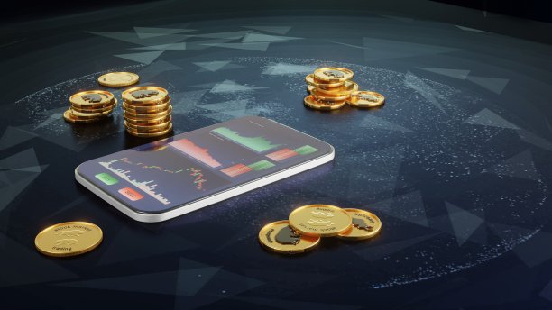 证券交易所交易。智能手机的特写图像与股票图表和报价周围的黄金硬币在一个抽象的黑暗背景。3 d渲染。图片下载