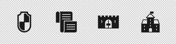 设置盾牌，法令，羊皮纸，卷轴，中世纪城堡大门和城堡，要塞图标。向量图片下载