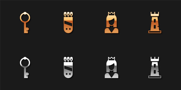 设置老钥匙，箭箭箭，公主和城堡塔图标。向量图片下载