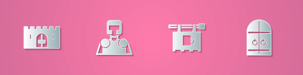 设置剪纸中世纪城堡大门，骑士，街道招牌与酒吧和图标。纸艺术风格。向量图片下载