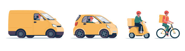 网上送货服务理念，跟踪网上订单。送货用自行车快递、助力车、电动汽车和货车。在平面风格的一组向量插图，运输，黄色图片下载