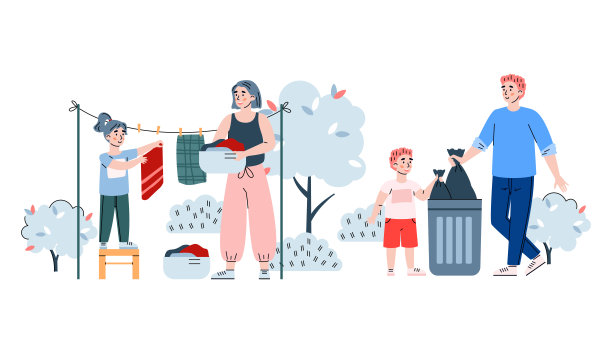 父母和孩子在院子里做家务卡通矢量插画图片下载