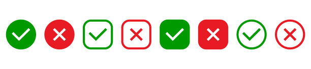 绿色勾号和红色叉号在圆形和方形线图标。检查标记和交叉标记集。是或否符号。检查表的概念，拒绝或接受。矢量图图片下载