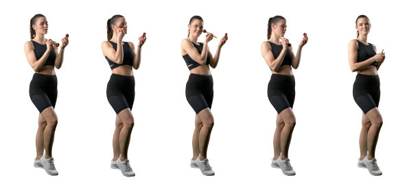 套装运动快乐的年轻女子化妆用刷子。图片下载