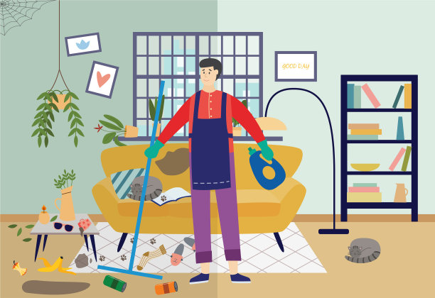 清洁工在打扫很脏的客厅图片下载