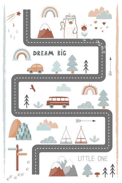 大的，小的-可爱的孩子海报，垫子或挂毯在斯堪的纳维亚风格。道路，山脉和森林冒险地图。托儿所印刷在柔和的颜色，矢量插图图片下载