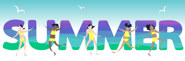 绿松石色的夏天，背景是蓝色的夏天，白色的海鸥和一群欢快的跳舞的女孩图片下载