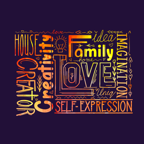 水彩字母组成的不同的字在黑暗的背景。书法报价。爱和创造力。家庭。图片下载