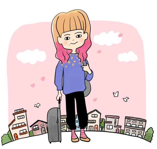 东京女孩提着一个箱子穿过城市的街道图片下载