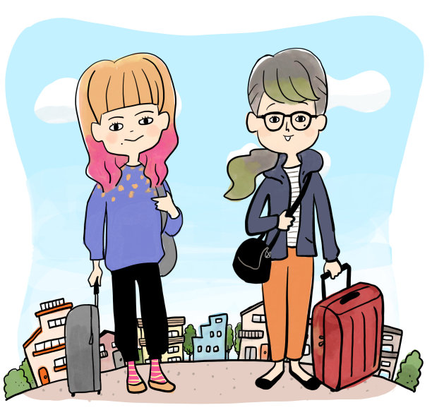 东京女孩提着一个箱子穿过城市的街道图片下载