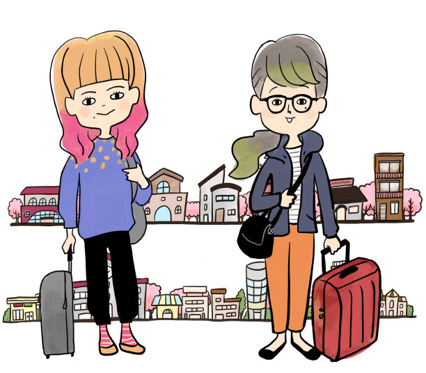 东京女孩提着一个箱子穿过城市的街道图片下载