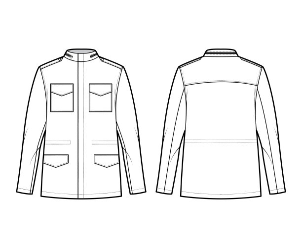 M-65野战夹克技术时尚插图超大，立领，兽皮兜，皮瓣口袋，肩章图片下载