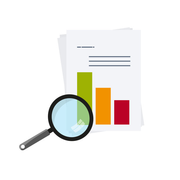 衰退动力学。业务计划文件，结果。各项指标增速放缓。会计计划,分析。企业损失的概念。破产。放大镜。向量图片下载