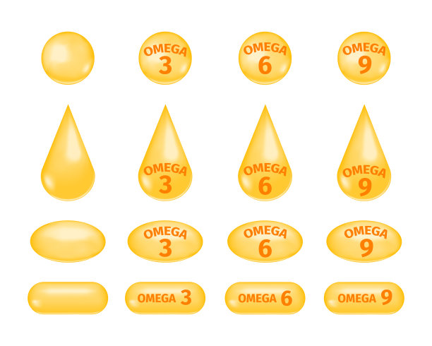 欧米加脂肪酸3 6 9。金色的鱼油滴和鱼丸。白色背景上的多不饱和脂肪图标。向量现实的例子图片下载