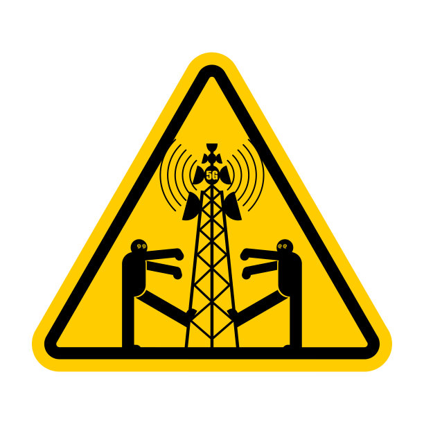 关注5G基站芯片人群。黄色路标警告。小心僵尸在手机信号塔周围走动。阴谋论。电视和无线电通信塔图片下载