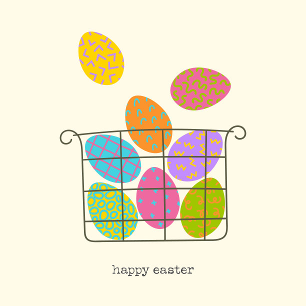 复活节贺卡快乐。复活节的巧克力蛋放在铁丝篮子里。图片下载