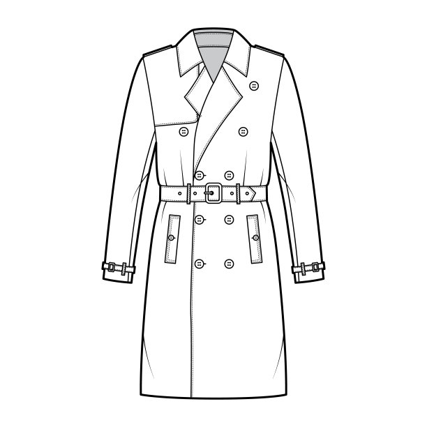 风衣技术时尚插图与腰带，双排扣，长袖，膝盖长度，暴风雨襟翼平夹克图片下载