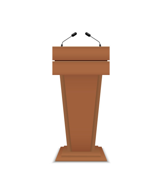 讲台上的争论。讲坛的会议。用于演讲的木制讲坛。讲坛配麦克风。舞台和立场。讲台，按白色背景。新闻的概念。向量图片下载