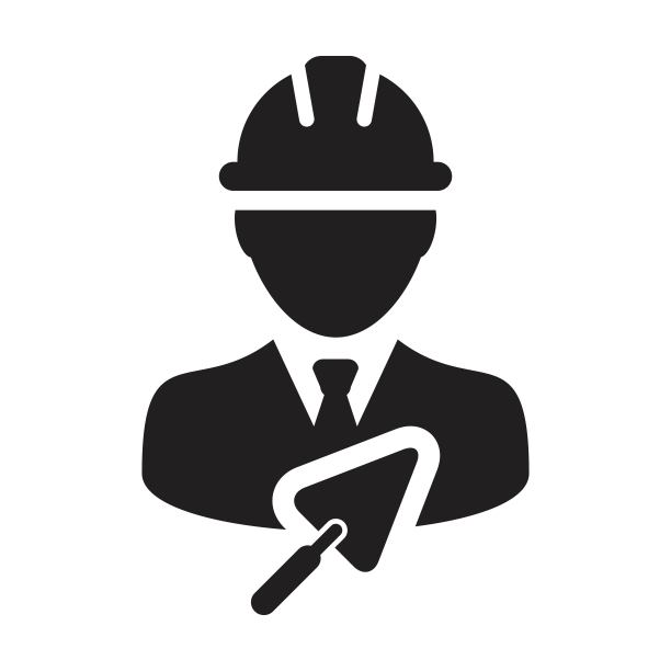 承包商图标与泥铲向量男性建筑工人人的侧面头像与安全帽在一个字形象形图图片下载