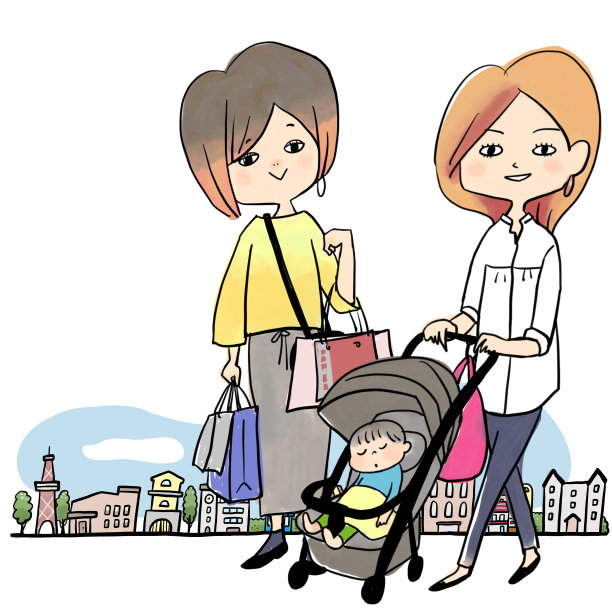 春天的街道和一个女人带着她的孩子去购物图片下载