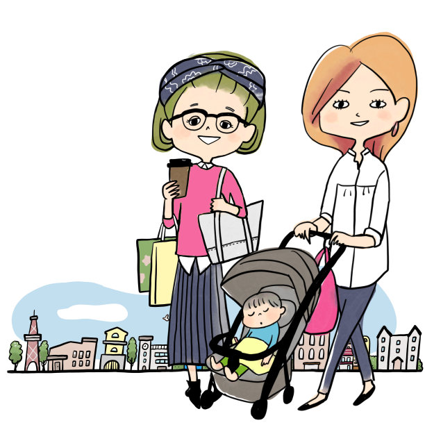 春天的街道和一个女人带着她的孩子去购物图片下载