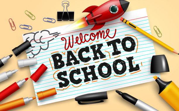 回到学校矢量横幅背景。欢迎回到学校的教科书在索引卡纸与教育元素，如彩色铅笔和火箭玩具的教育研究设计元素。图片下载