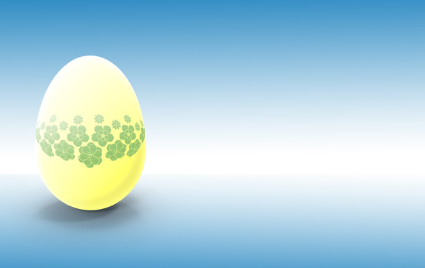 明亮的黄色吃蛋与淡绿色的花设计在浅蓝色梯度背景图片下载